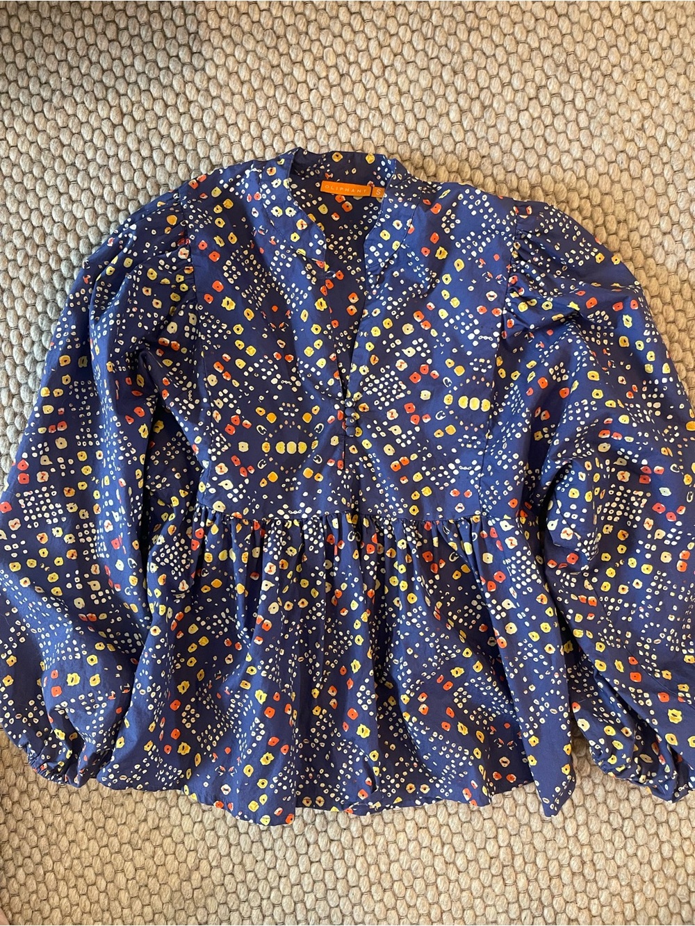 Oliphant Navy Blue Peplum Blouse with Yellow & Red Print